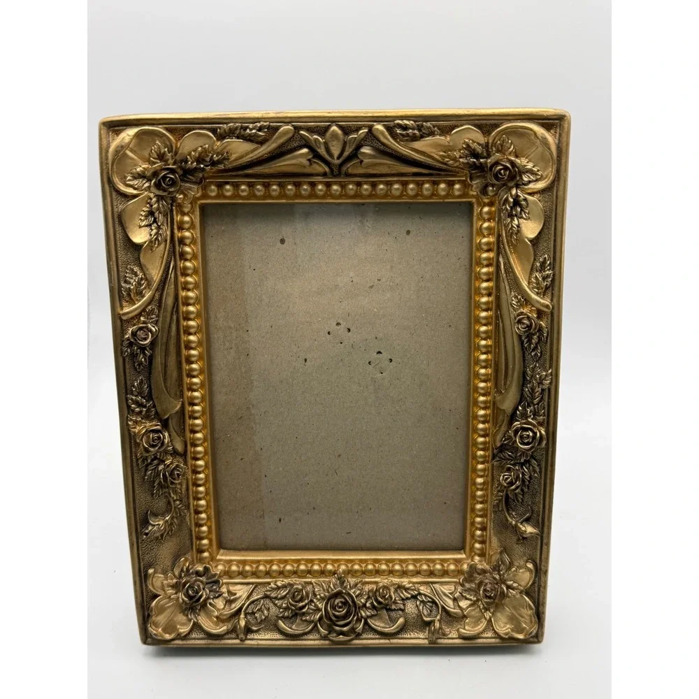 Vintage Ornate Heavy Resin Gold Rose Floral Picture Frame Tabletop Decor Baroque